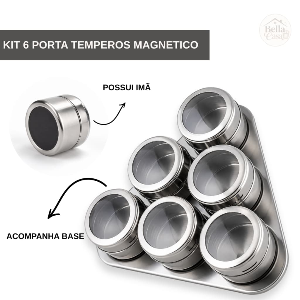 6 Porta Temperos e Condimentos Inox imã Acompanha Base