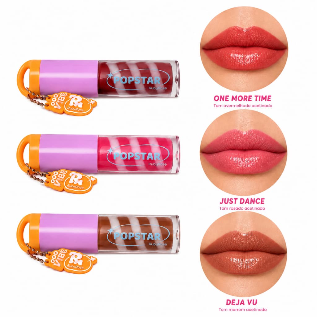 Lip Gloss Ruby Rose Popstar Efeito Vinil Brilho Intenso Longa Duração