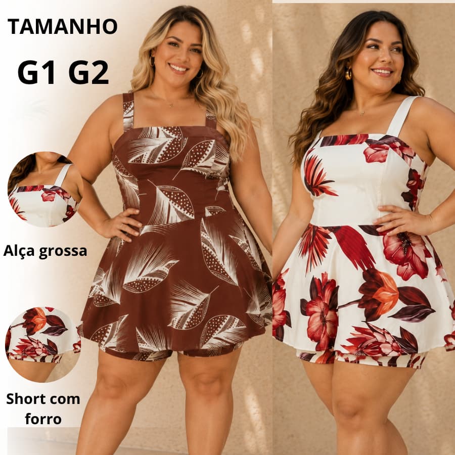 VESTIDO FEMININO PLUS SIZE TROPICAL G1 E G2  SHORT COM FORRO, ELASTEX  MODA VERÃO INVERNO