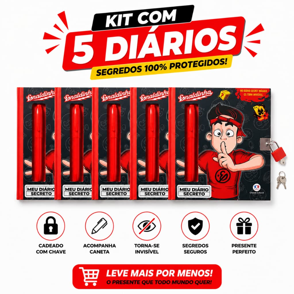 KIT 05 Livros Meu Diario Secreto Youtuber Enaldinho com Caneta Mágica e Cadeado