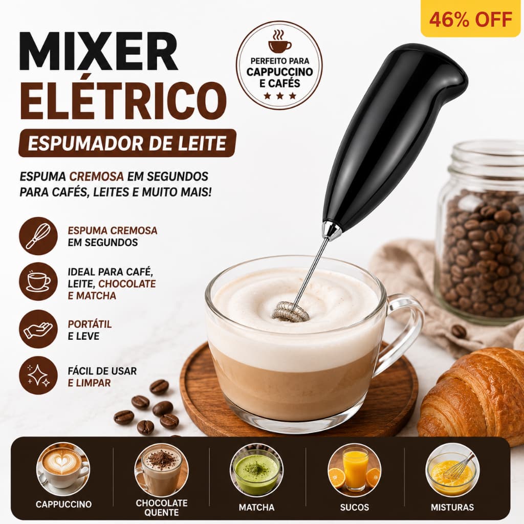 Mixer Elétrico Portátil Recarregável Espumador de Leite Café Cappuccino e Drinks