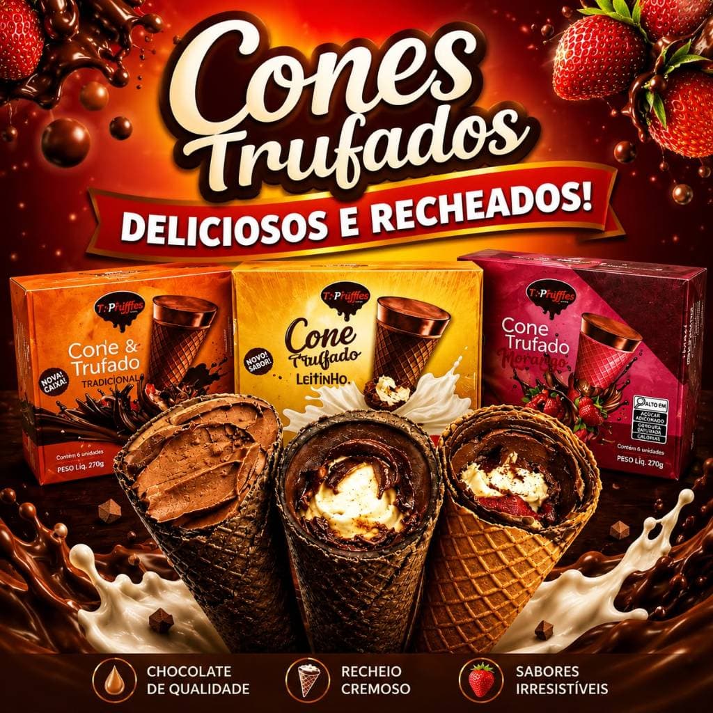 Cone Trufado Top Trufas – Caixa 900g (15 unidades de 60g) Sabores: Tradicional, Creme de Avelã, Leitinho e Tentação