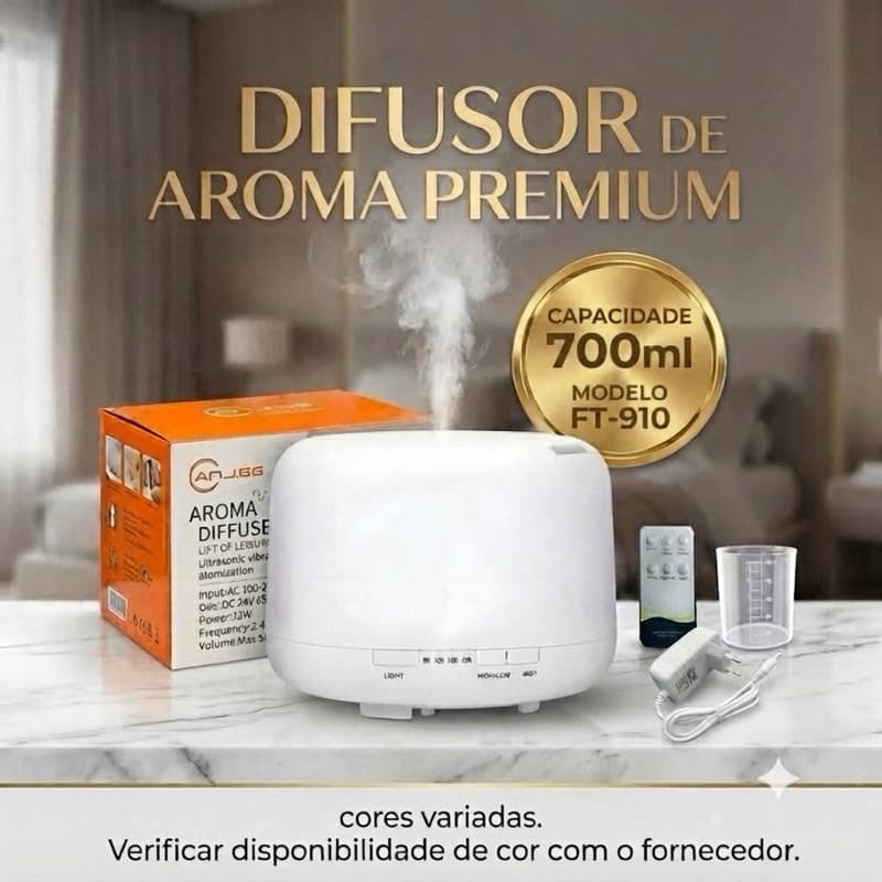 Difusor de Aroma Ultrassônico Umidificador LED 7 Cores Timer e Desligamento Automático Variação 700/500/300ml 10h de USO