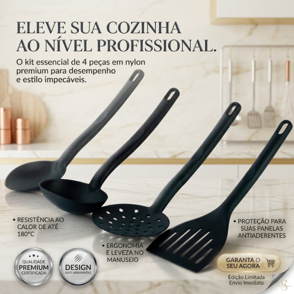 Kit 4 Utensílios de Cozinha em Nylon Premium Alta Resistência Não Risca Panelas