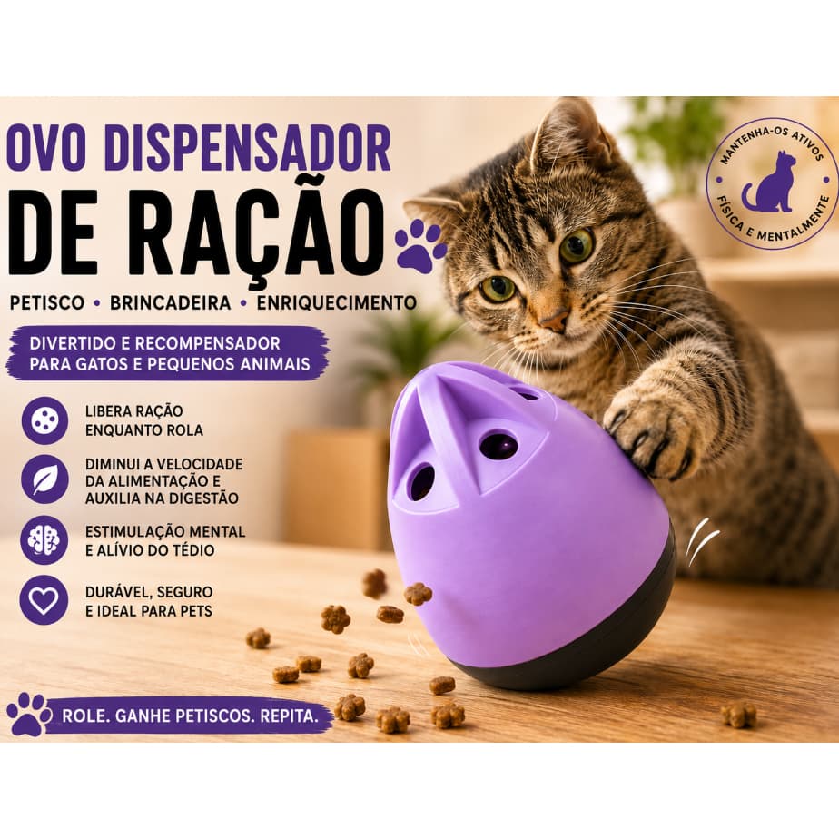 Ovo Dispensador de Ração | Brinquedo Pet| Dosador de Ração e Petisco para Gato | Alimentação Lenta e Estimulação Mental