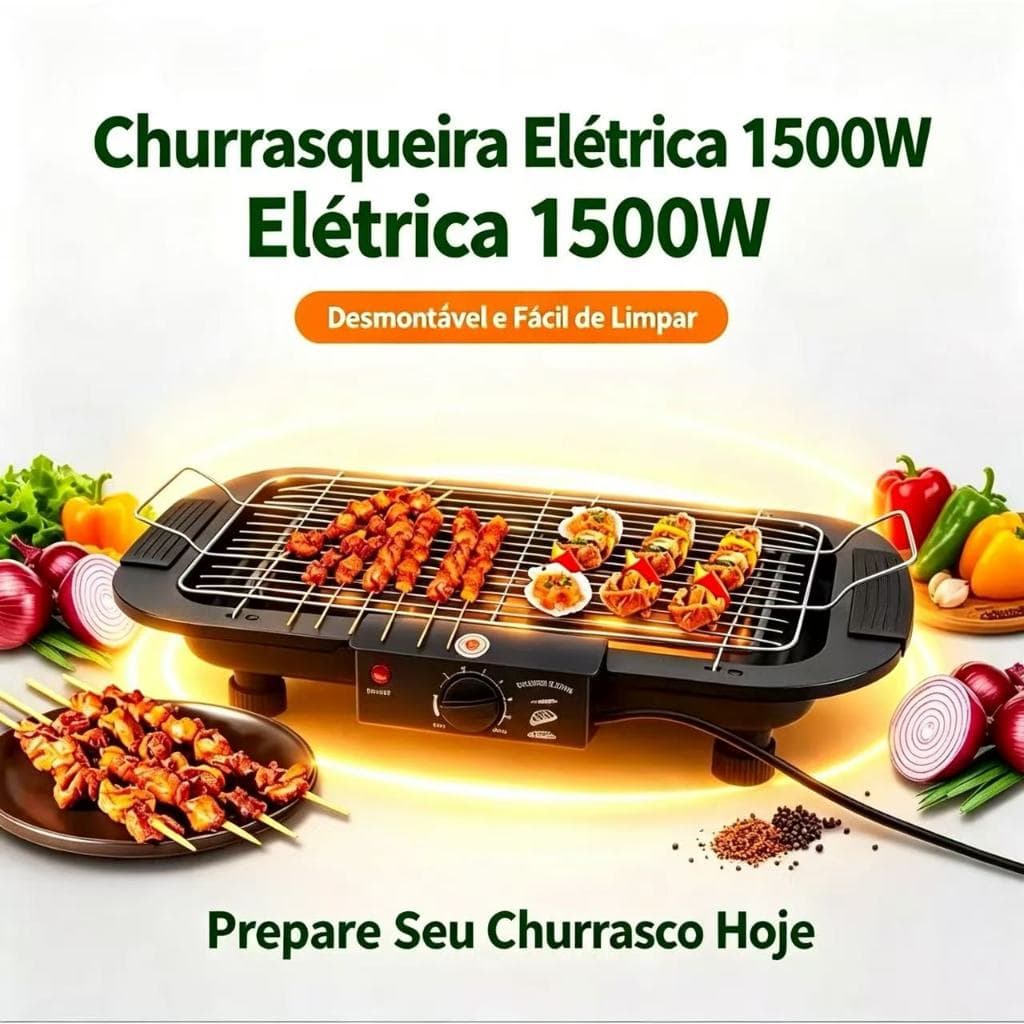 Grelha/churrasqueira elétrica portátil de mesa, 1500W (110V) 60HZ, ideal para piqueniques, cozinhas e churrascos.