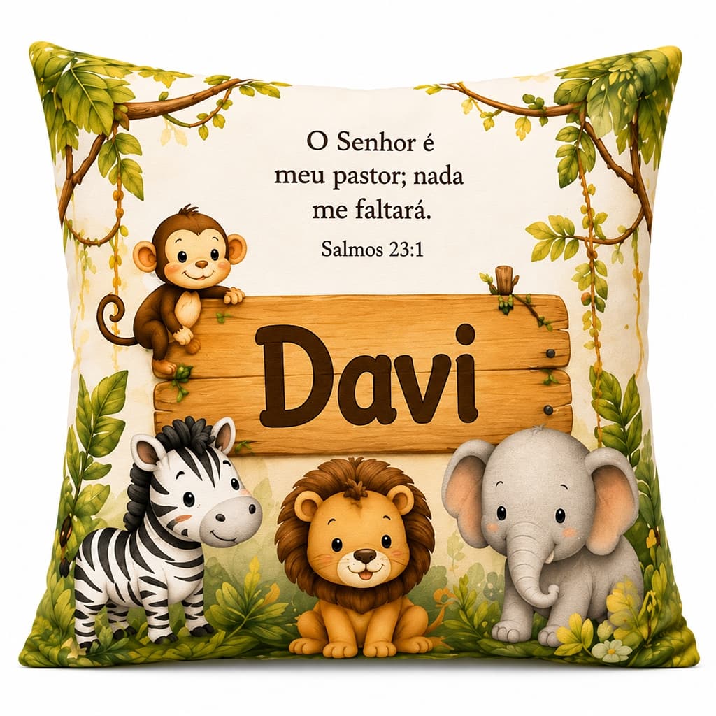 Almofada Infantil Personalizada com Nome Safari Decorativa Bebê Menino Menina Oxford Premium
