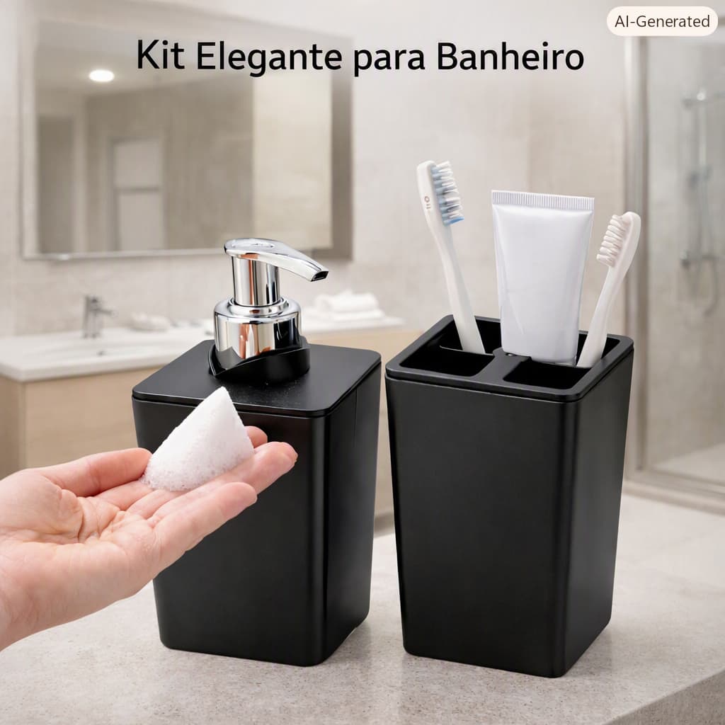 Kit Elegante para Banheiro ou Lavabo Plástico Preto | Porta Sabonete Líquido e Porta Escova de Dente