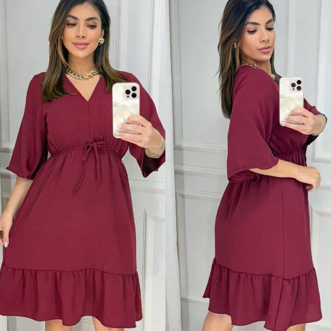 Vestido Midi Feminino Soltinho Manga 3/4 Decote V Com Babado Elegância, Conforto Casual Evangélica
