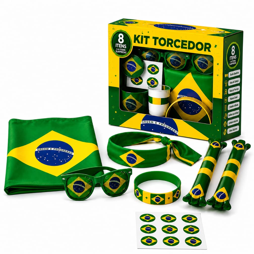 Kit Patriota Brasil 12 Itens com Bandeira Capa Acessórios Verde e Amarelo