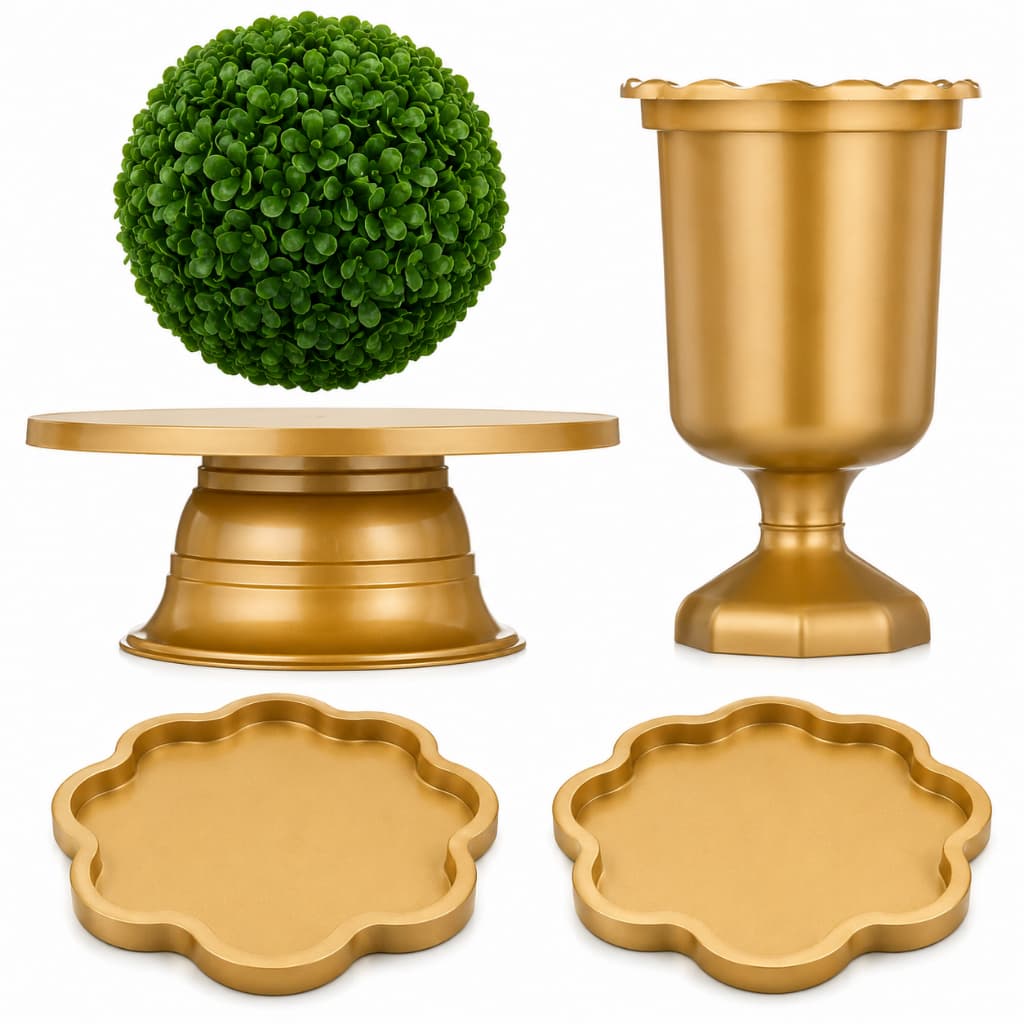 Kit Decoração Festa com Boleira Giratória Vaso Grego 2 Bandejas Pétala e Buchinho