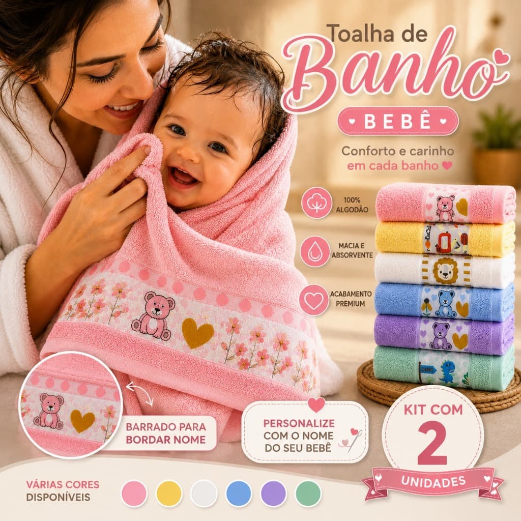 Kit 2 Toalhas de Banho Infantil Bebê 100% Algodão Macia Felpuda Barrado para Bordar Nome