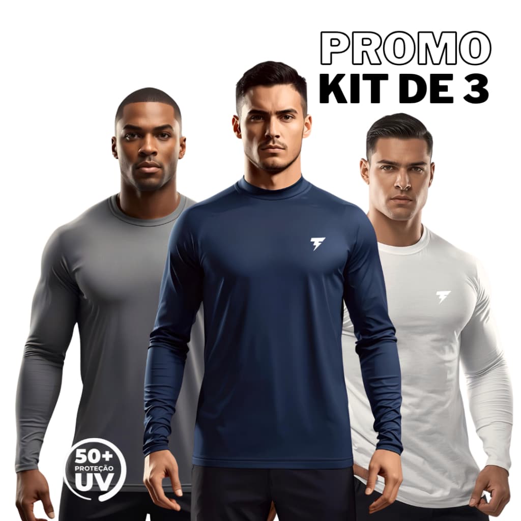 Kit 3 Camisa UV Masculina Térmica Proteção Solar Blusa Manga Longa Academia Corrida Praia Camiseta Solar