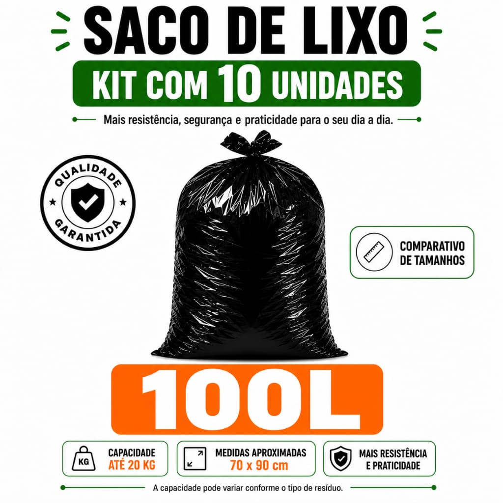 Kit com 10 Sacos de Lixo Plástico Preto Reforçado 100 Litros