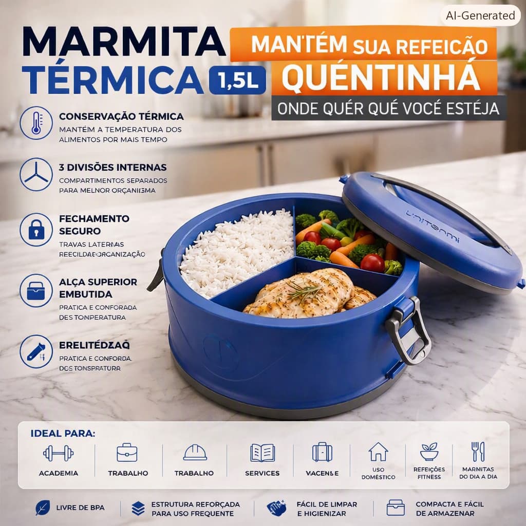 Marmita Térmica Milão 1,5L Unitermi – 3 Divisórias, Ideal para Escola e Trabalho