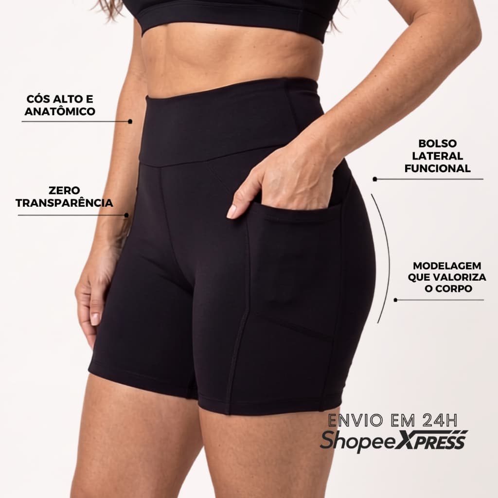 Short Feminino com Bolso Cintura Alta Caminhada Conforto Zero Transparência