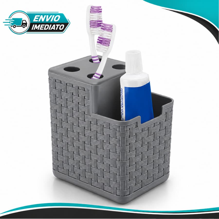 Porta Escova Dental Cinza Rattan de Plástico Funcional e Moderno