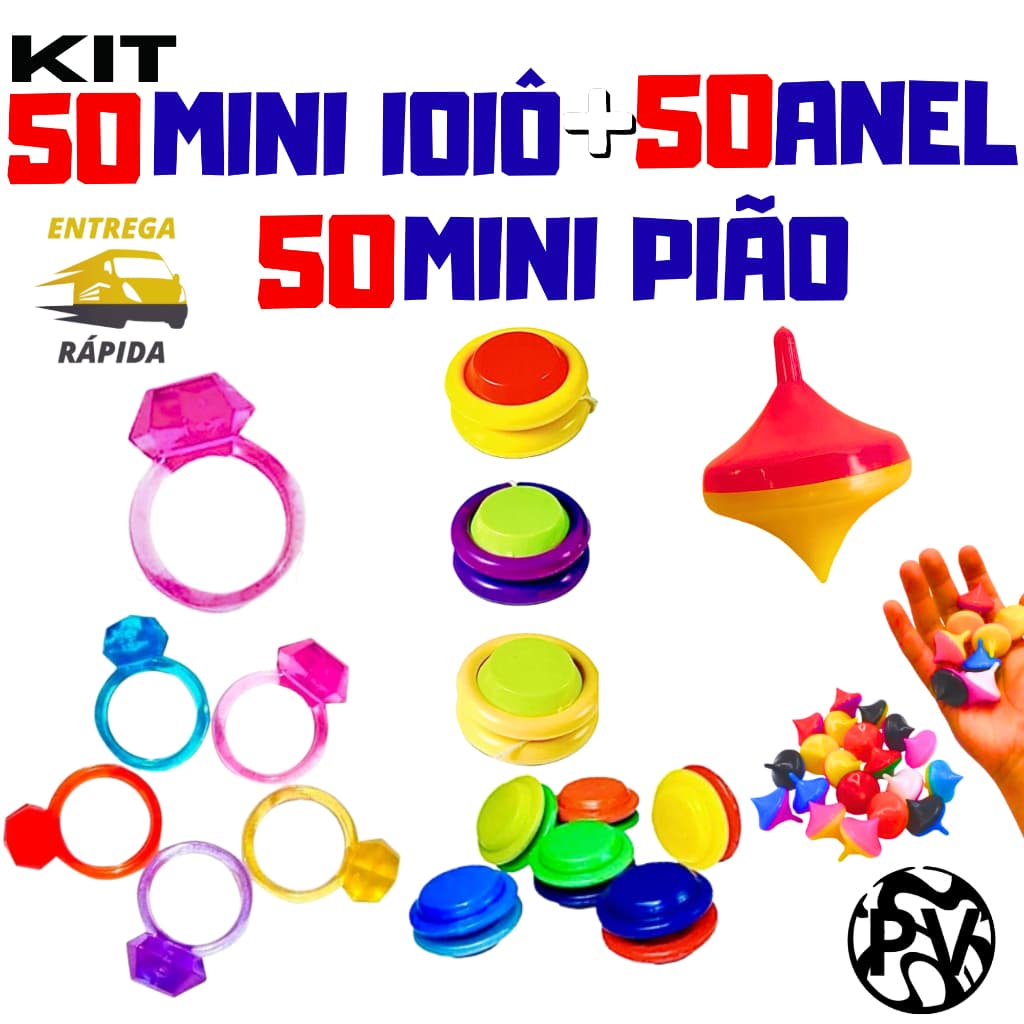 Kit 50 mini ioiô/ioio + 50 anéis/anel +50 mini pião/piao/peao lembrancinha/ sacola surpresa/ prenda