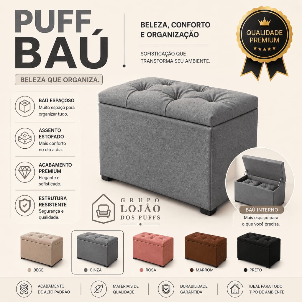 PUFF BAU TECIDO SUEDE ORGANIZADOR PORTA OBJETO QUARTO DECORATIVO QUALIDADE CASA PENTEADEIRA PROMOÇÃO