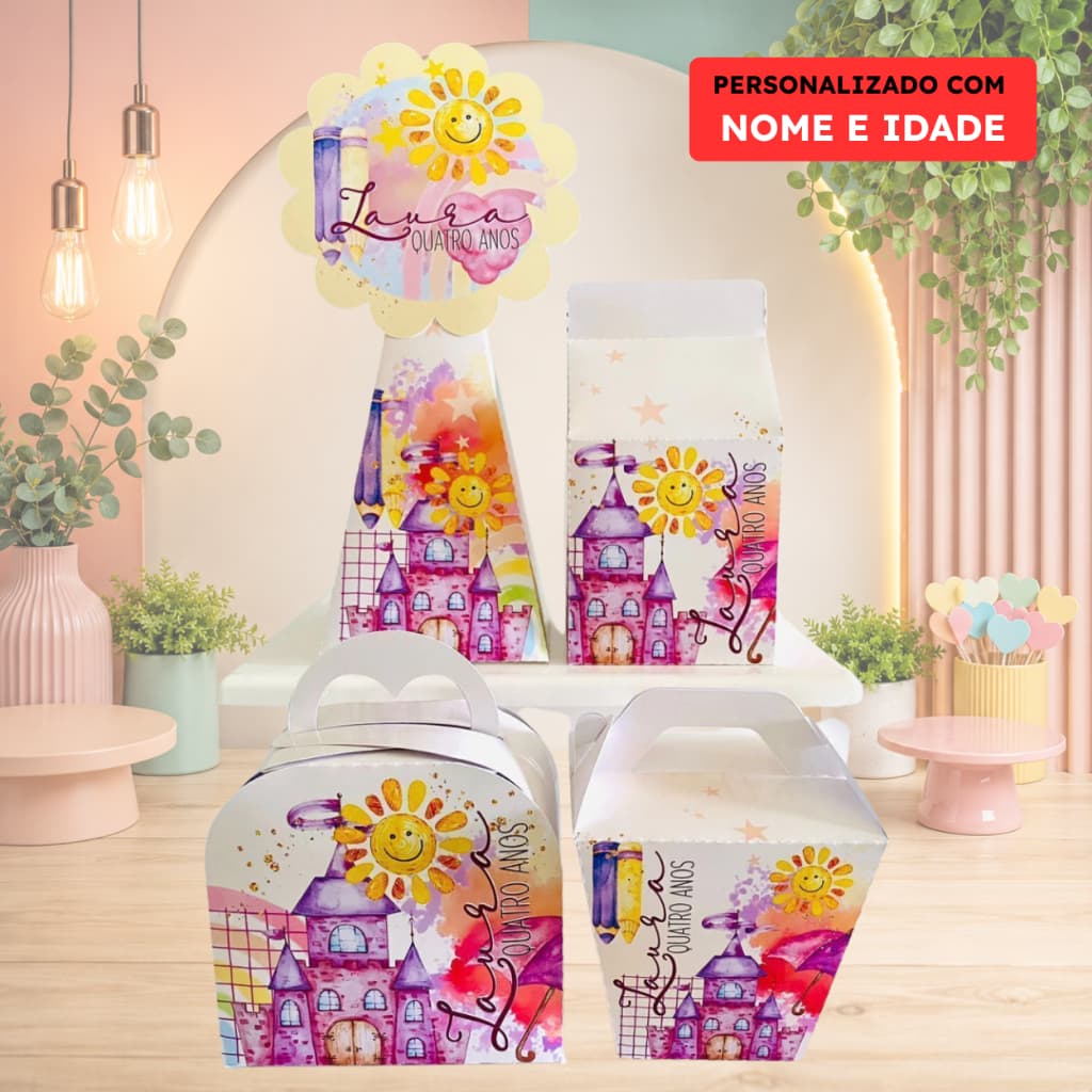 CAIXINHA AQUARELA - PEGUE E MONTE -  PERSONALIZADAS COM NOME E IDADE - KIT FESTA, DECORAÇÃO, LEMBRANCINHA