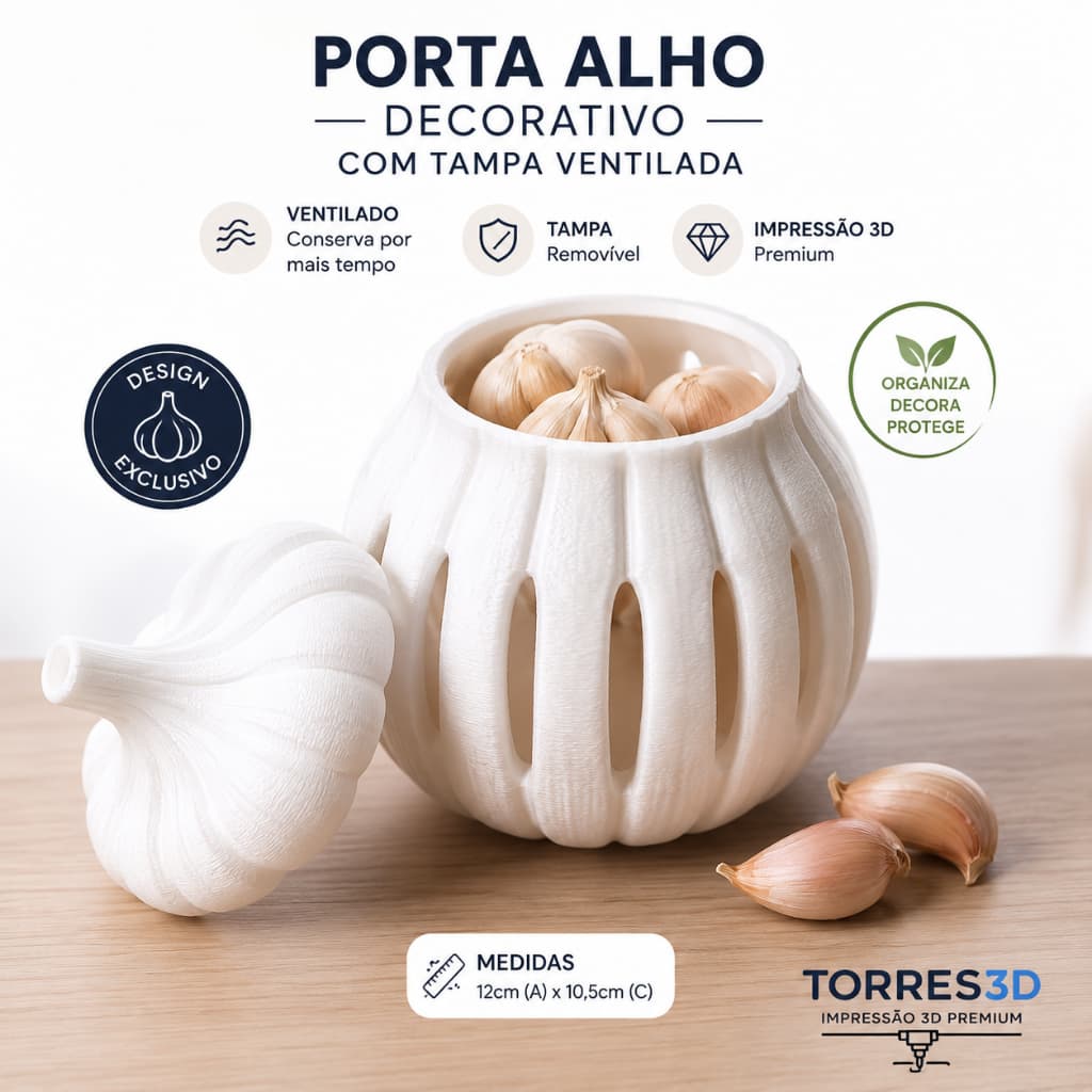 Porta Alho Decorativo Organizador De Alhos Com Tampa Ventilado Impressão 3D Cozinha Premium
