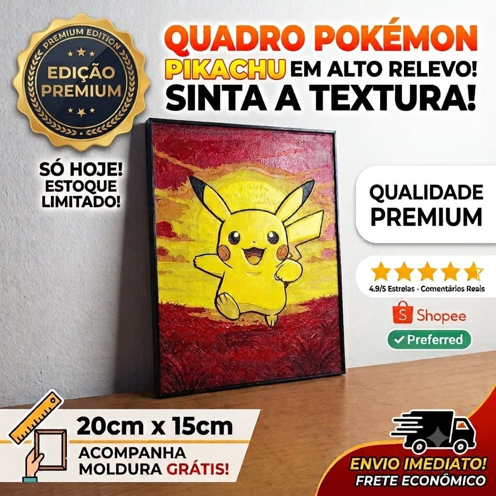 Quadro Decorativo Pikachu Pokemon 3D Alto Relevo 20x15 Moldura Placa Parede Quarto Infantil Geek Gamer Anime