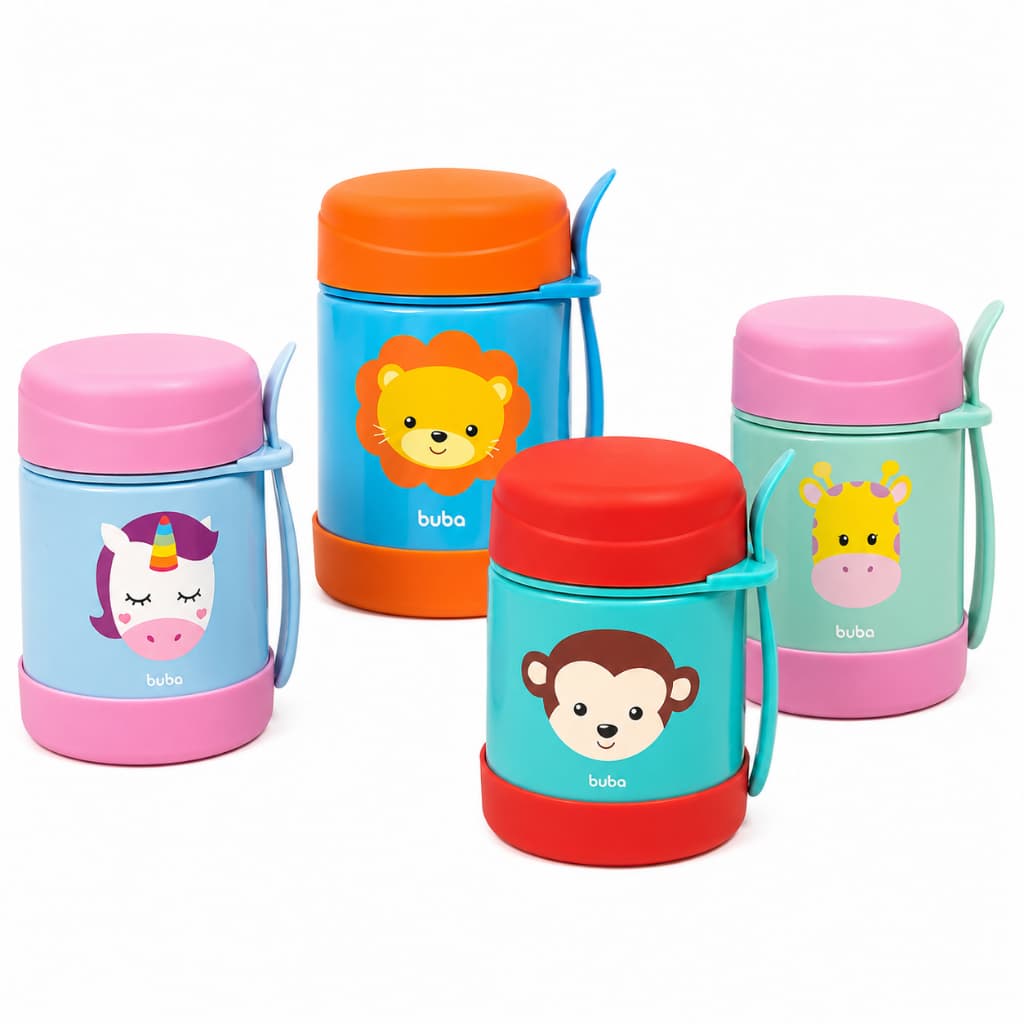 Pote Térmico C/ Talher Infantil Buba Animais Pote Papinha Bebê Organização Viagem Passeio Dia A Dia