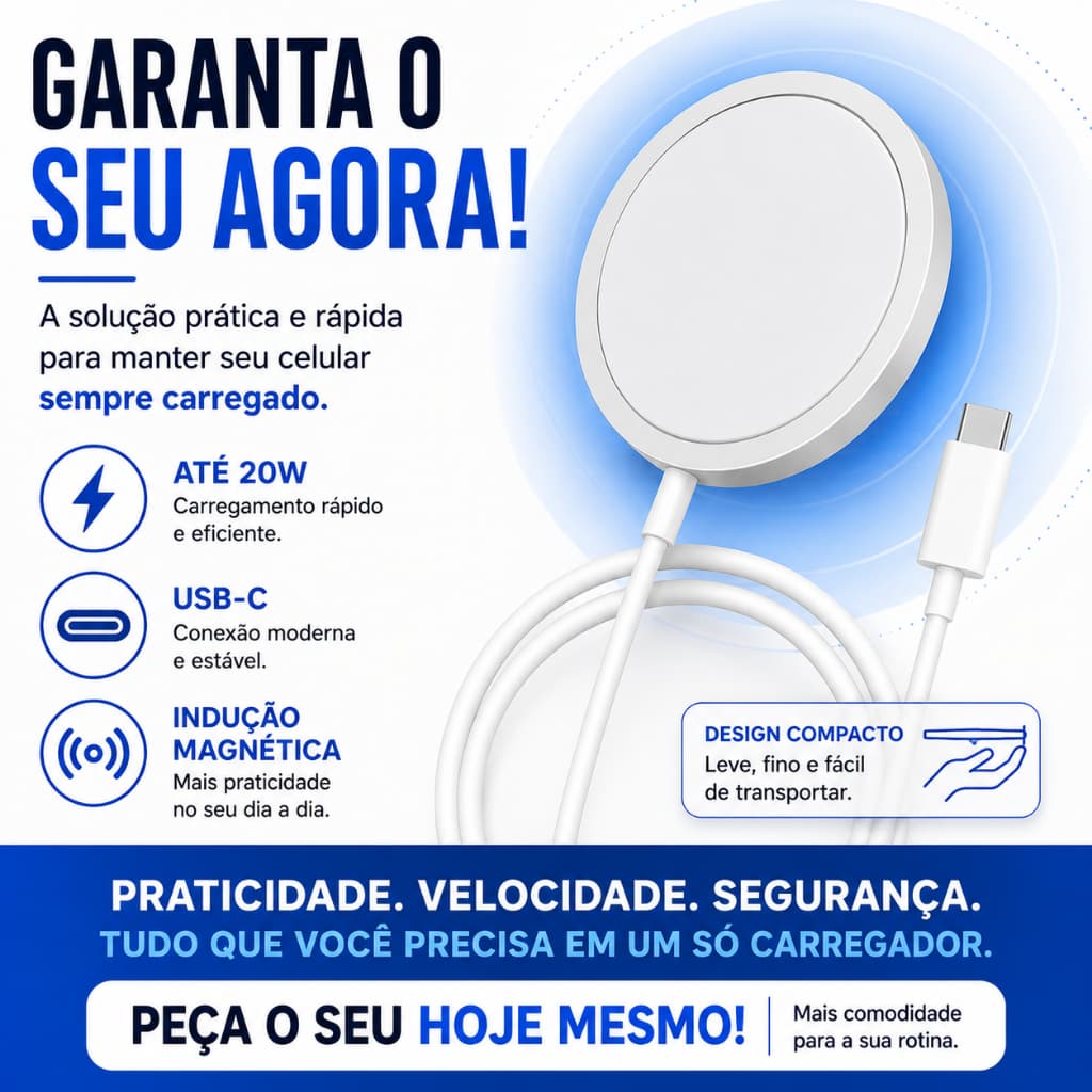Carregador Magnético por Indução 20W Fast Charging USB-C Carregamento Rápido para Celular Compatível MagSafe
