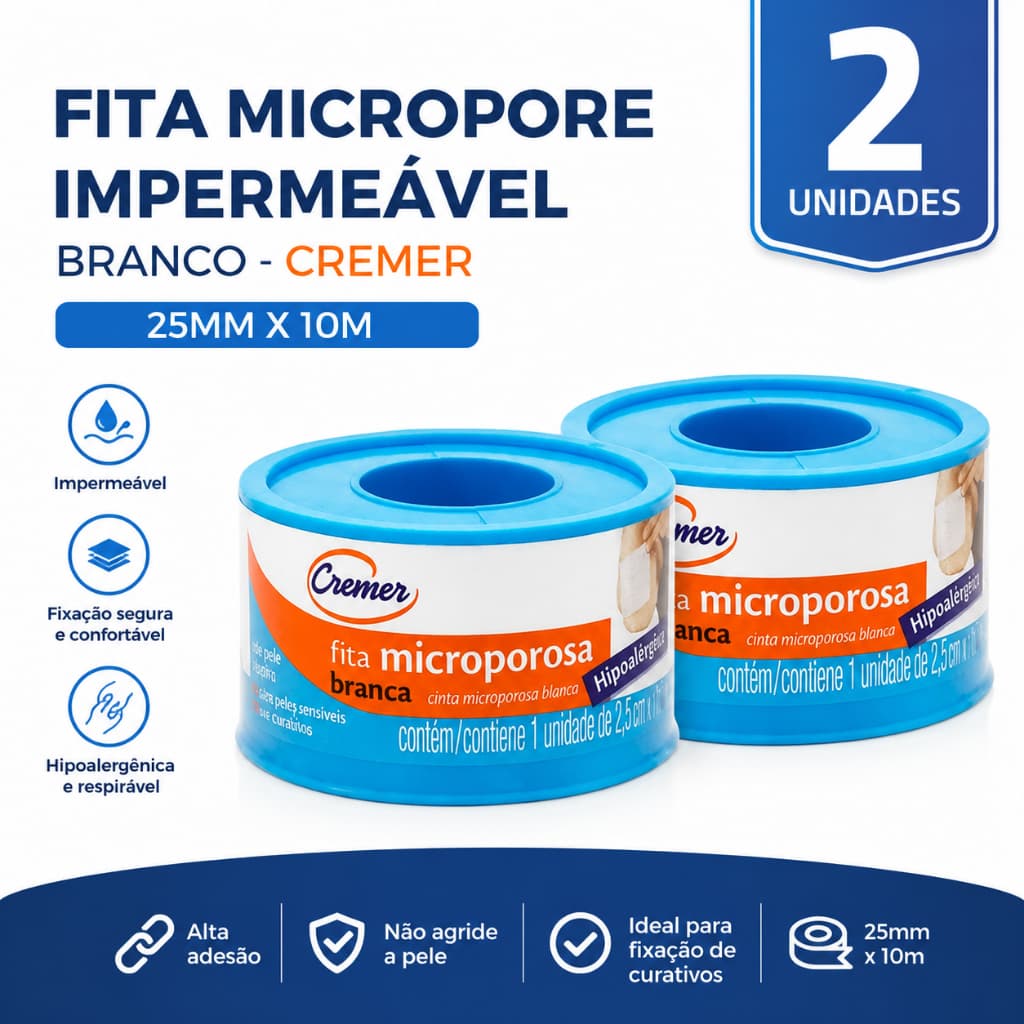 kIT 2 UNIDADES DE FITA MICROPORE IMPERMEÁVEL BRANCO - CREMER 25MM X 10M