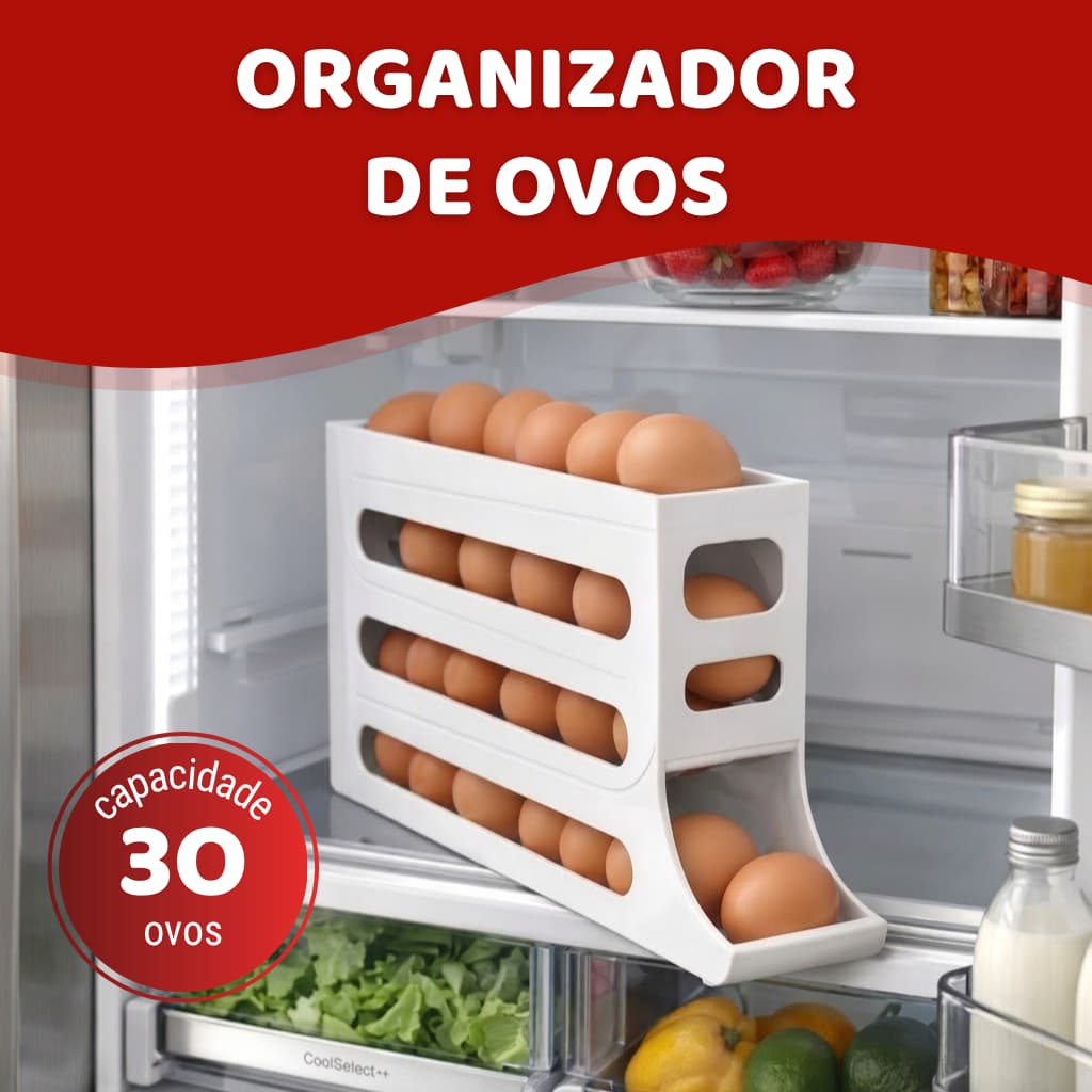 Porta Ovos Tipo Dispenser por Gravidade com Trilho Deslizante, Suporte Organizador para 30 Ovos com Rolamento Automático