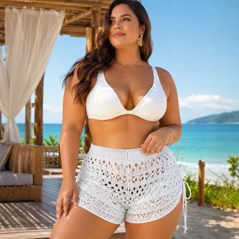 Short Saída de Praia de Tricot Ponto Crochê com Amarração Lateral Moda Verão Tricô Premium Plus Size
