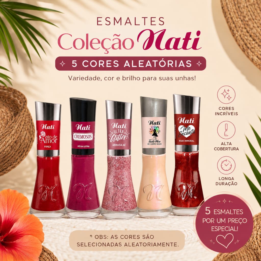 Kit 5 Esmaltes Variados Coleção Nati 3Free 8ml