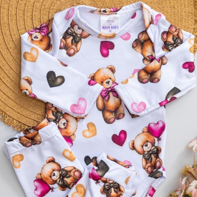 Conjunto Térmico Bebê Pagão Quentinho Longo Infantil Menina Inverno Estampa Urso Corações Rosa