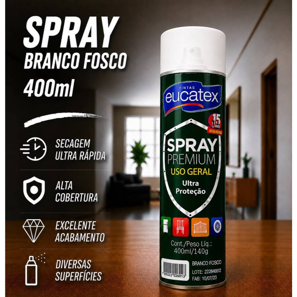 Spray Branco Fosco Alta Temperatura 400ml Tinta Premium 600°C Eucatex Secagem Ultra Rápida