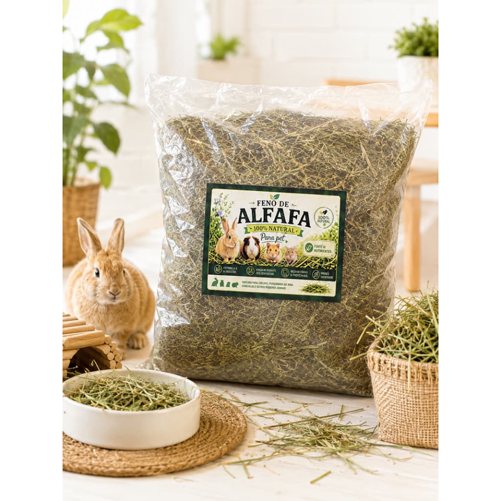 Feno de Alfafa 1kg para Coelhos, Porquinhos-da-Índia, Chinchilas e Roedores | 100% Natural