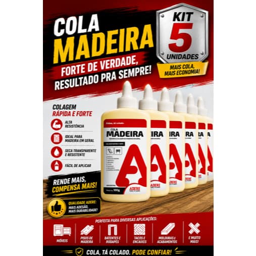 Kit 5 Cola Madeira Colagem Rápida Adesivo PVA 100g