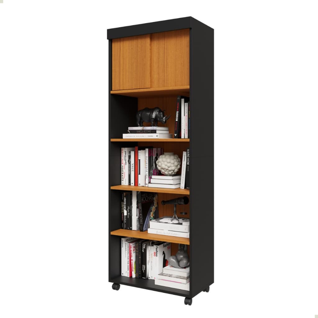 Estante Livreiro Multiuso Organizador Preto-Cedro com 4 Nichos e Armário Superior 2 Portas