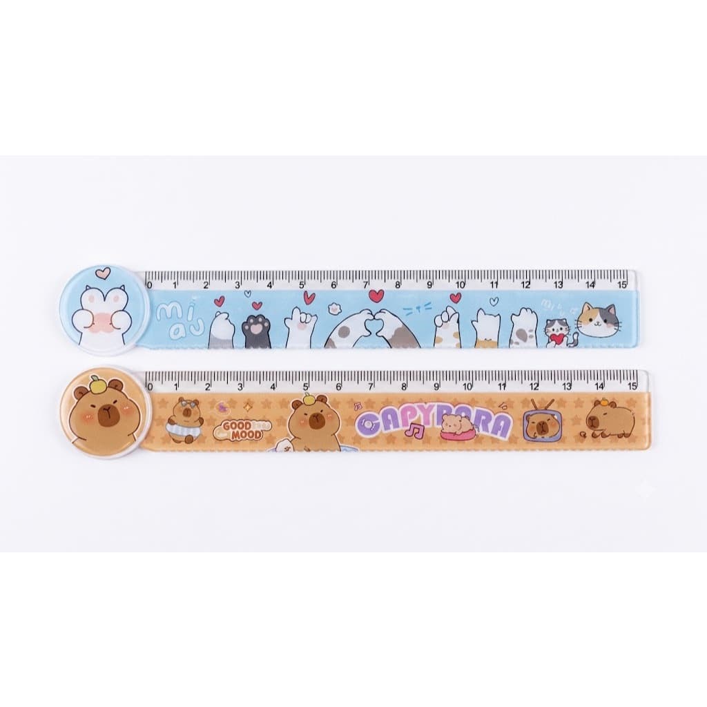 Régua de 15cm com desenhos fofos de gatinho e capivara