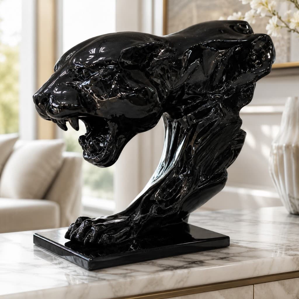 Escultura Pantera Preta Decorativa em Resina para Sala Escritório e Aparador