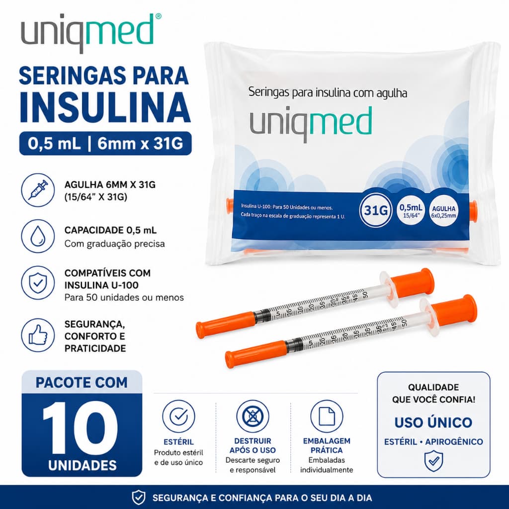 SERINGAS PARA INSULINA 0,5 ML 6MM X 31G PACOTE COM 10 UNIDADES - UNIQMED
