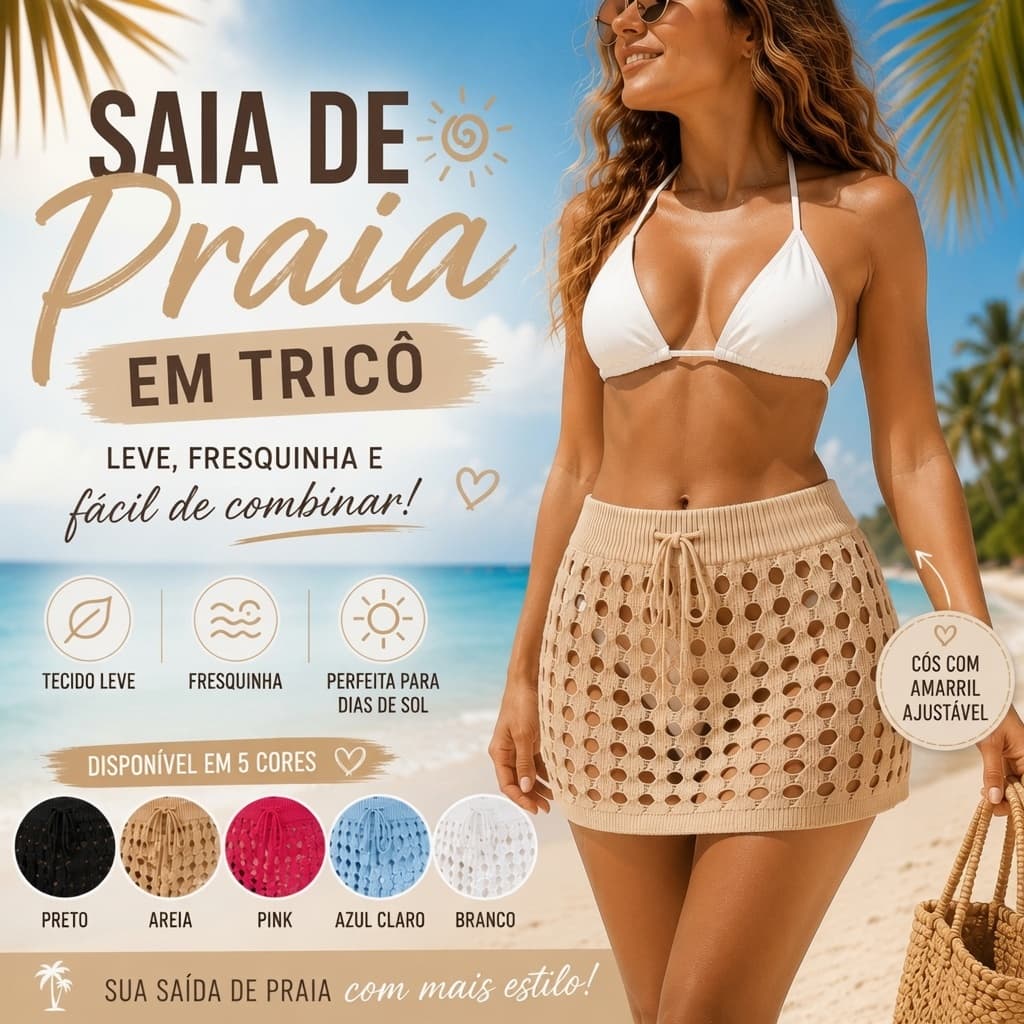 Saia Curta Tricot Saida de Praia Croche Feminina Verão Eslilosa Trico Vazado Tamanho M e G1