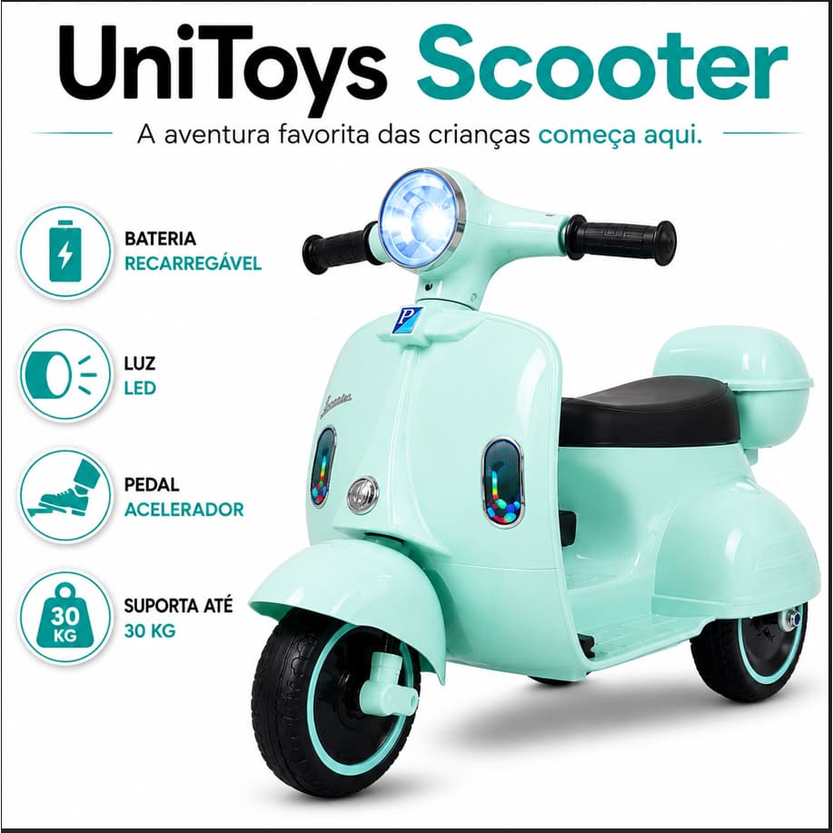 Moto Elétrica Infantil Scooter 6V UniToys Recarregável com Luz LED, Sons, Pedal Acelerador até 30kg