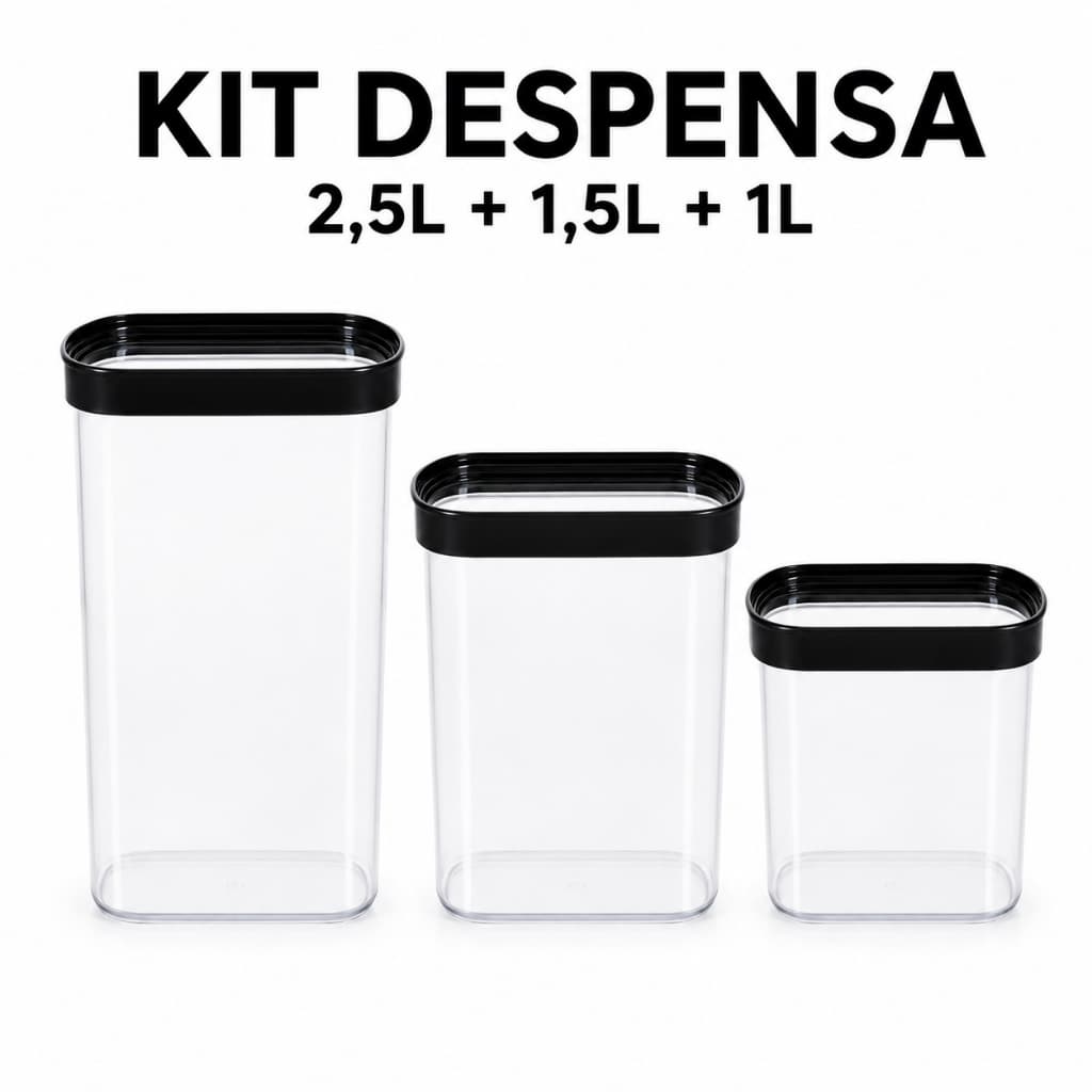 Kit 3 Potes Herméticos Helsim 2,5L 1,5L e 1L Mantimentos Arroz Feijão Macarrão Tampa Preta