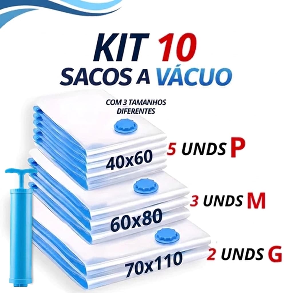 Kit 5 ou 10 Saco À Vácuo Organizador + Bomba Manual Organização de Guarda Roupa Viagem Reutilizável