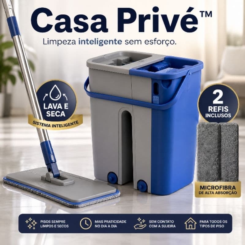 Rodo Flat Mop com Balde Lava e Seca 5L 2 Refis Microfibra Cabo Aço Inox Casa Privé™