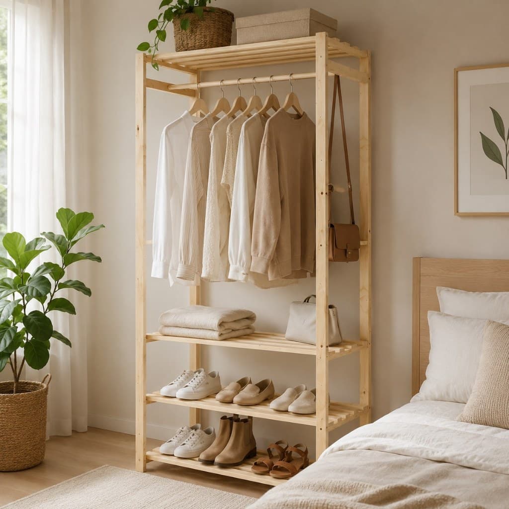 Guarda-Roupa Aberto de Madeira Pinus com Arara Cabideiro Maleiro e Sapateira de 3 Níveis para Quarto Apartamento e Lavan