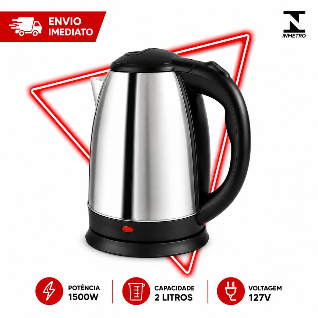 Chaleira Elétrica Inox 110V 1,8L Aço Inox Premium Base 360° Desligamento Automático café chá