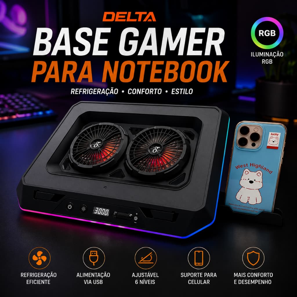 Base Gamer para Notebook RGB DELTA B3112GG com Cooler Ajustável Ergonômica USB para Notebooks até 17,3