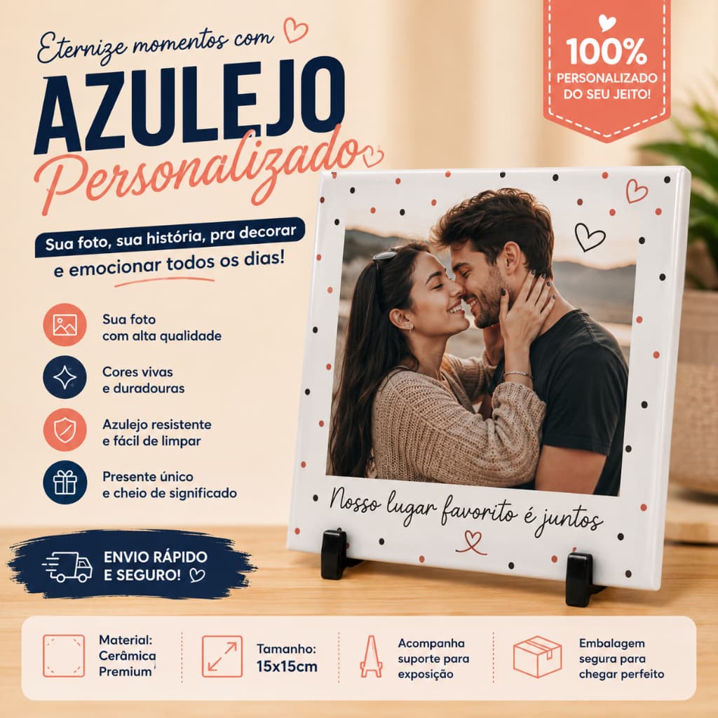 Azulejo Personalizado com Suporte Incluso e Cores Vivas - 15x15cm