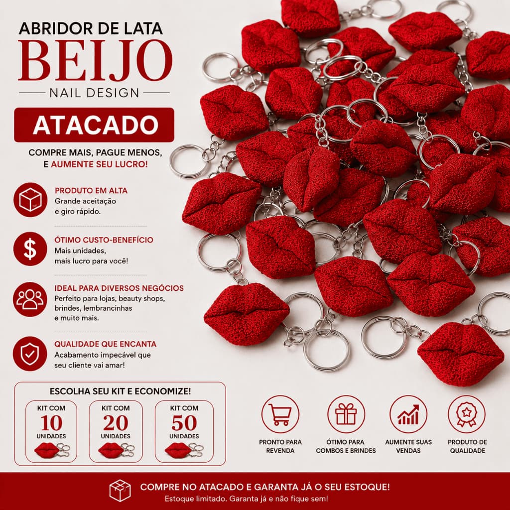 Kit Chaveiro Abridor de Lata Beijo Nail Designer 10 20 ou 50 Unidades